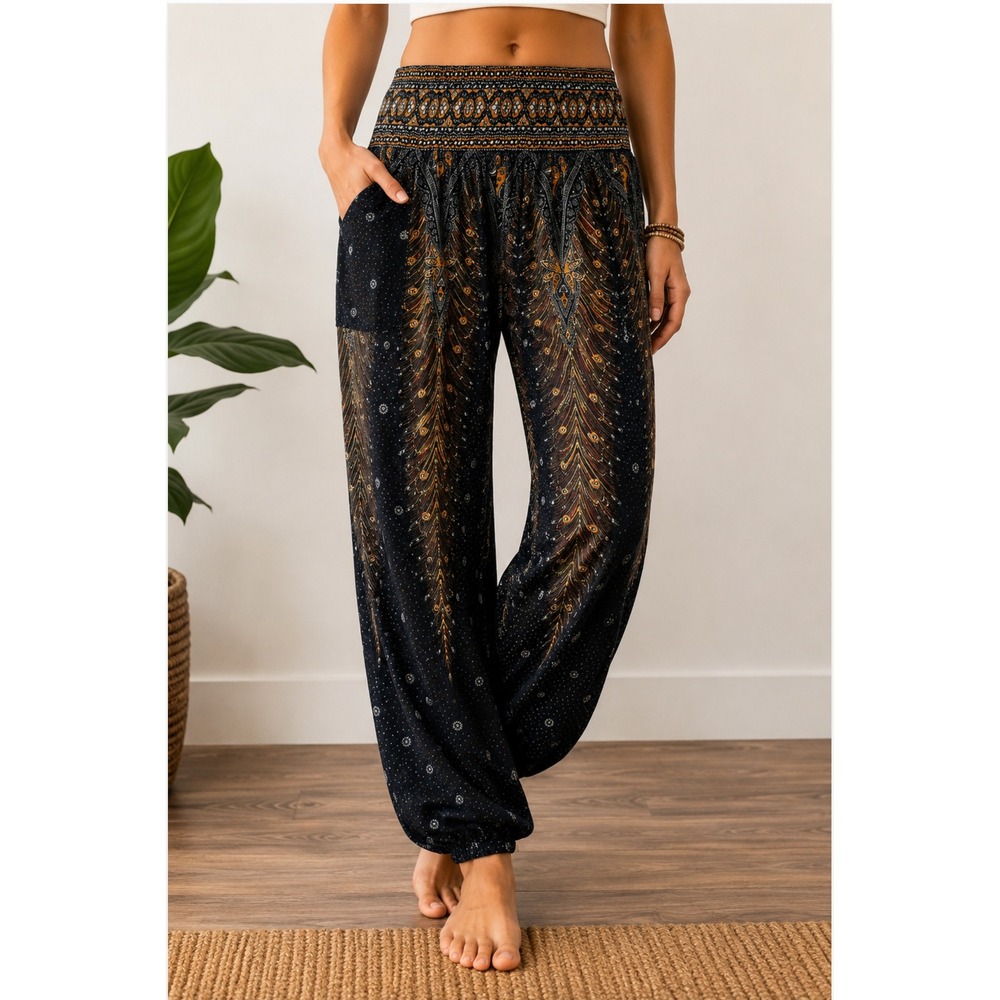 Banjamath XL Boho Peacock Feather Harem Pants- Blk Smocked Waist Hippie Yoga- xl